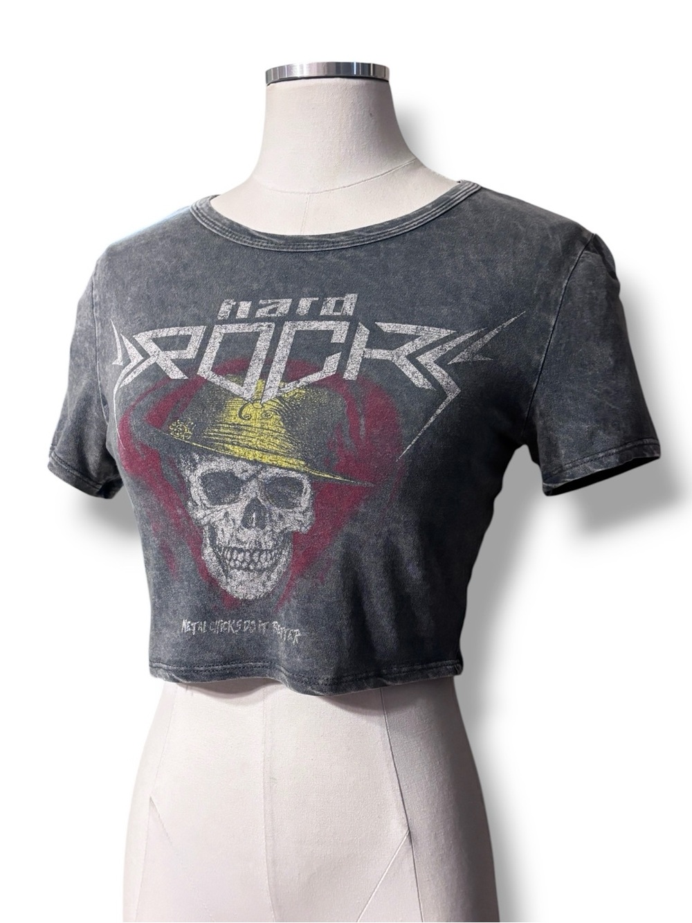 K. JEN Grey Acid Washed Low Crew Neck Cropped Top “Hard Rock” Skull Graphic